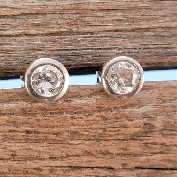 Sterling Silver Bezel Set Round CZ Stud Earrings - Picture 3 of 5